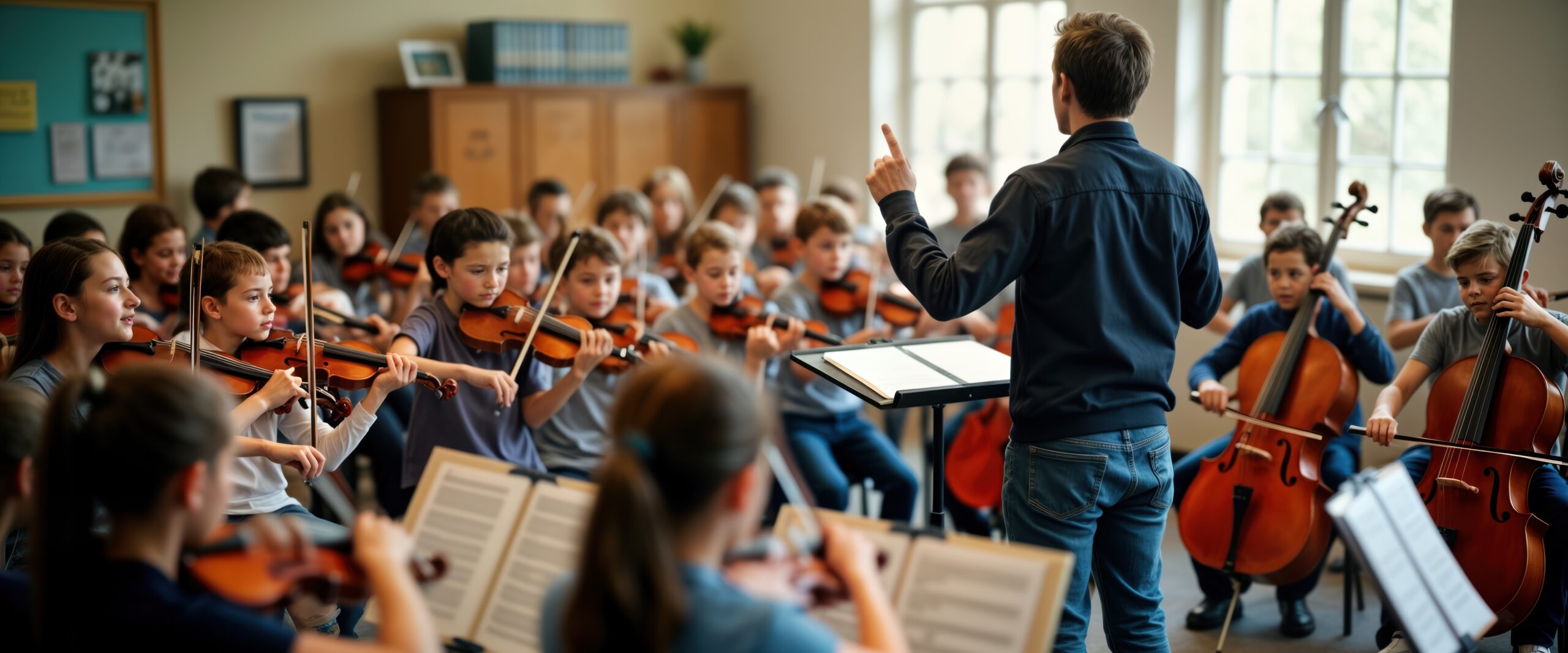 Music teacher conducting a classroom orchestra of students playing string instruments